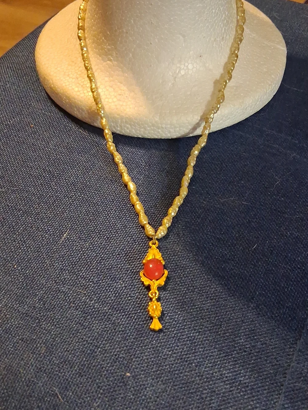 Vintage Gold-Tone Beaded Necklace with Coral Pendant